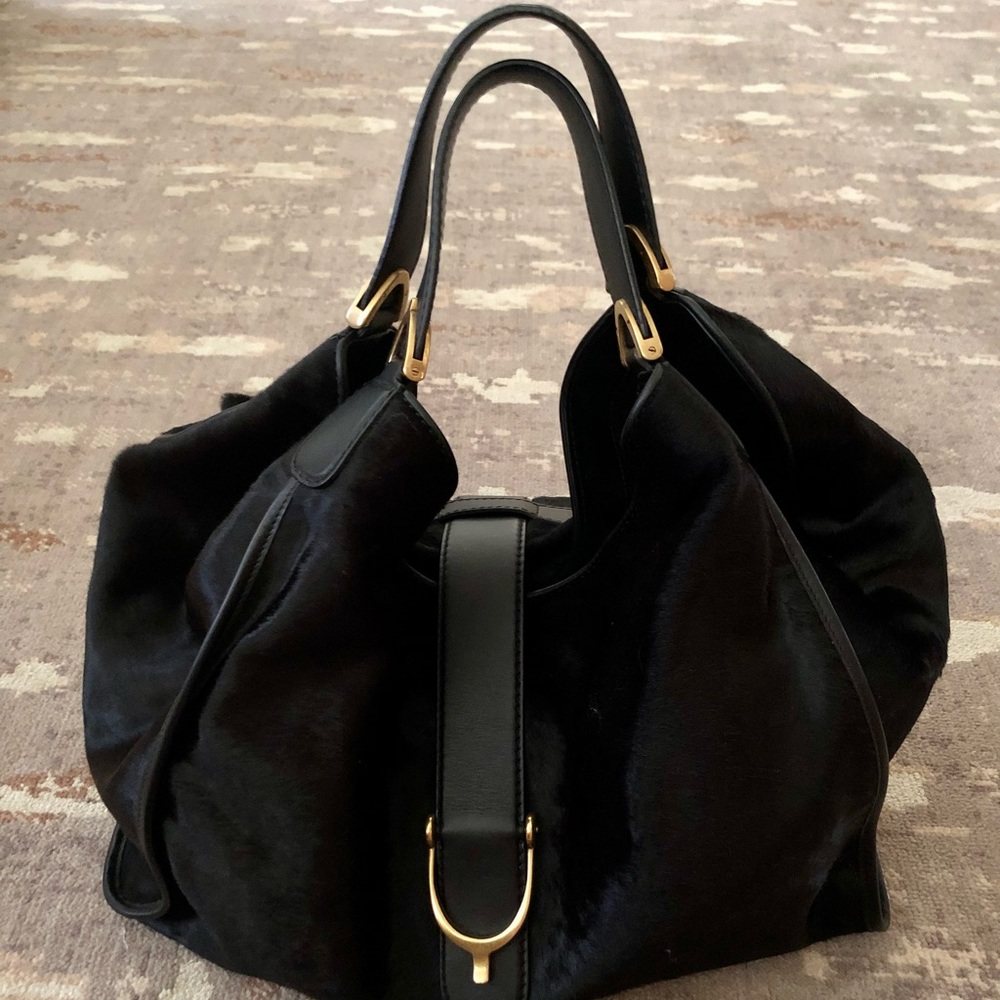 GUCCI Large Soft Stirrup BLACK Calf Hair Handbag with Gold Hardware